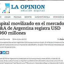 Capital movilizado en el mercado M&A de Argentina registra USD 2.960 millones